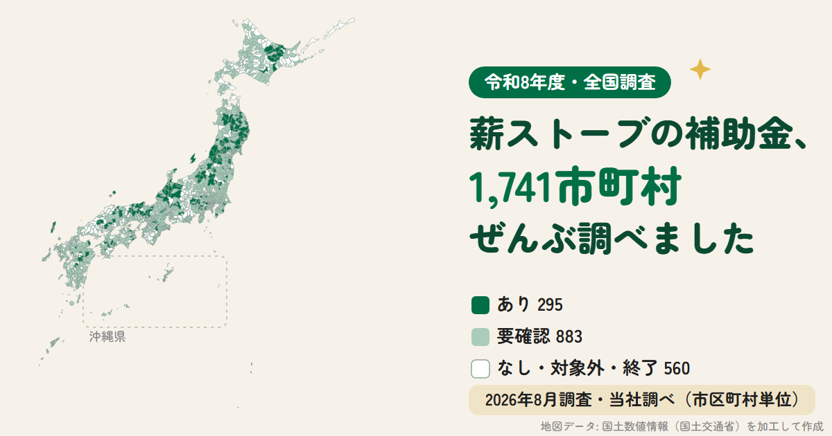 薪ストーブの補助金、1,741市町村ぜんぶ調べました。全国の市区町村を色分けした日本地図（補助あり295・要確認883・なし等560）